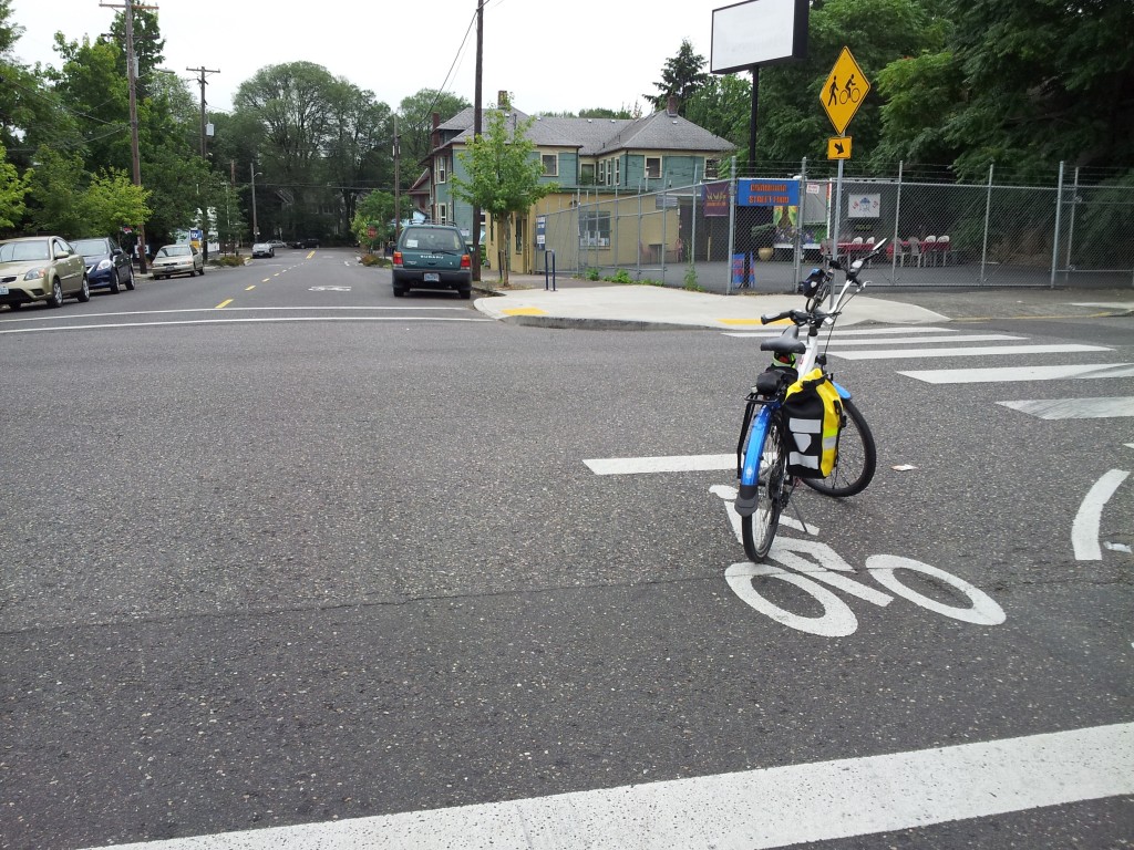 Advance bike stop lines at intersection with curb extensions.